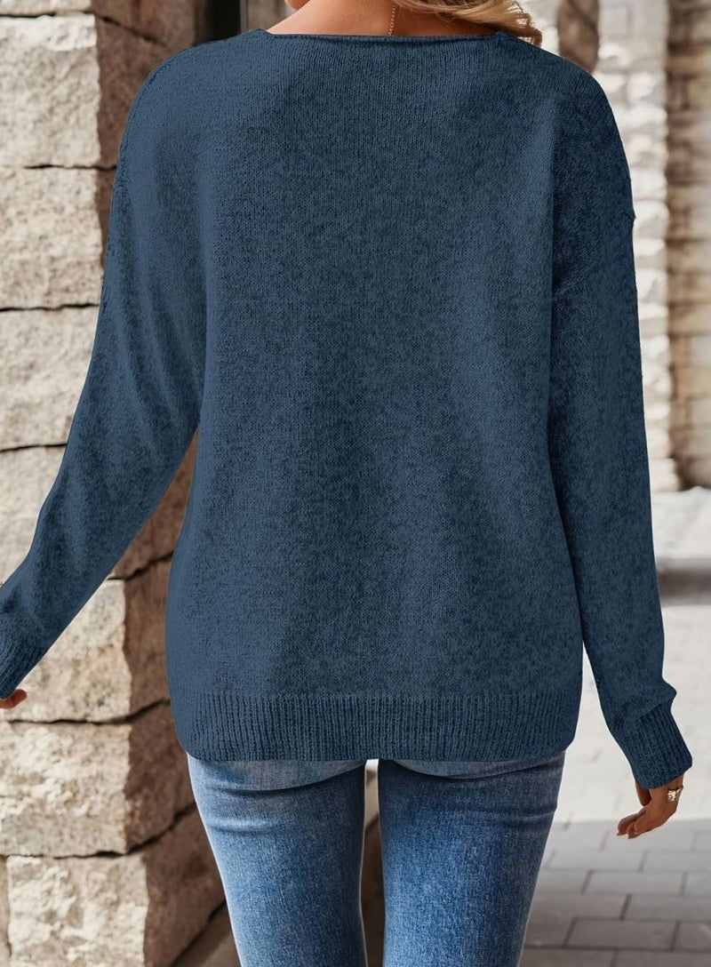 Pointelle V-Neck Sweater for Women with Chevron Knit and Drop Shoulders in Blue, back view