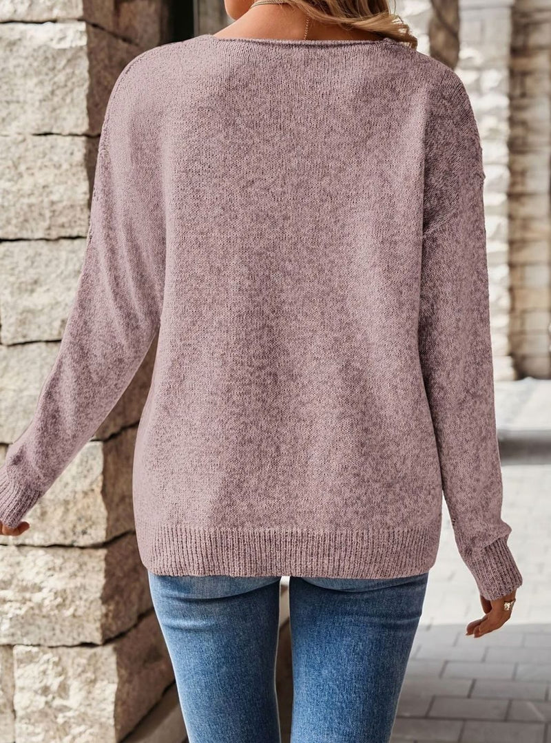 Pointelle V-Neck Sweater for Women with Chevron Knit and Drop Shoulders in Mauve, back view
