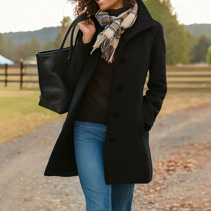 Single-Breasted Wool-Look Coat for Women with Stand Collar and Side Pockets in Black, front view