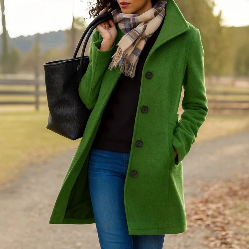 Single-Breasted Wool-Look Coat for Women with Stand Collar and Side Pockets in Green, front view