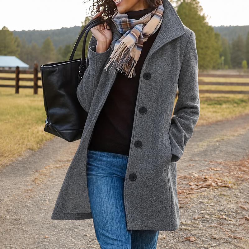 Single-Breasted Wool-Look Coat for Women with Stand Collar and Side Pockets in Grey, front view
