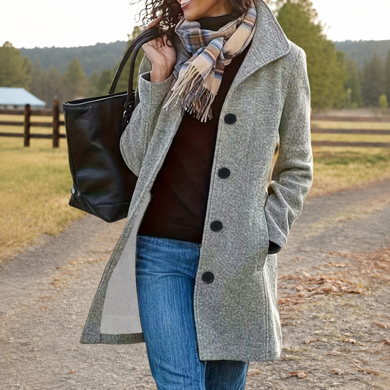 Single-Breasted Wool-Look Coat for Women with Stand Collar and Side Pockets in Light Grey, front view