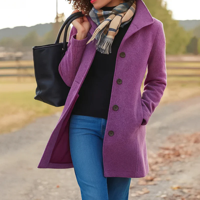 Single-Breasted Wool-Look Coat for Women with Stand Collar and Side Pockets in Violet, front view