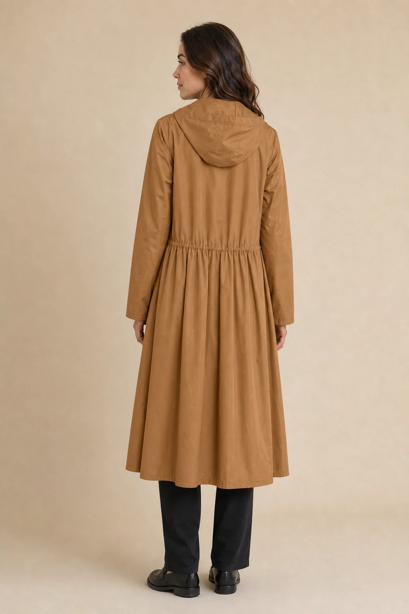 Gretchen | Hooded Zip-Up Coat in Caramel, studio back view