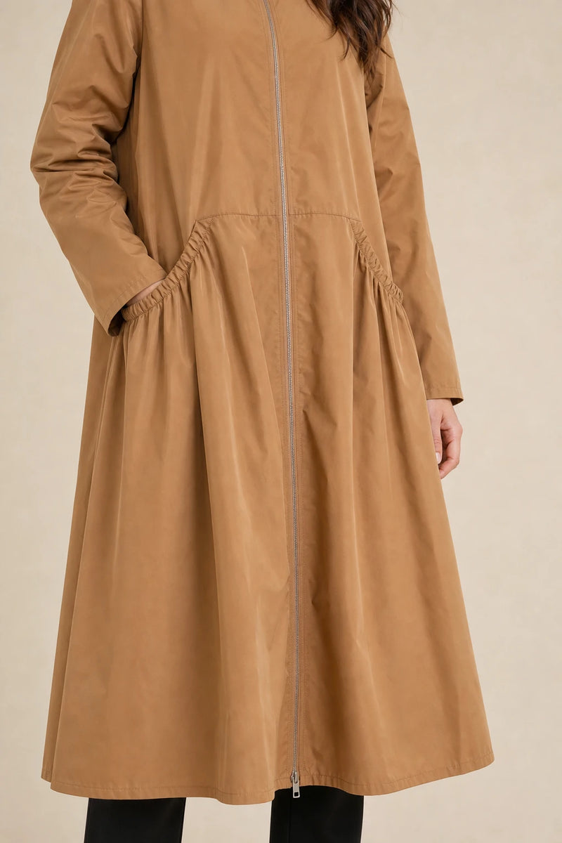 Gretchen | Hooded Zip-Up Coat in Caramel, fabric close-up