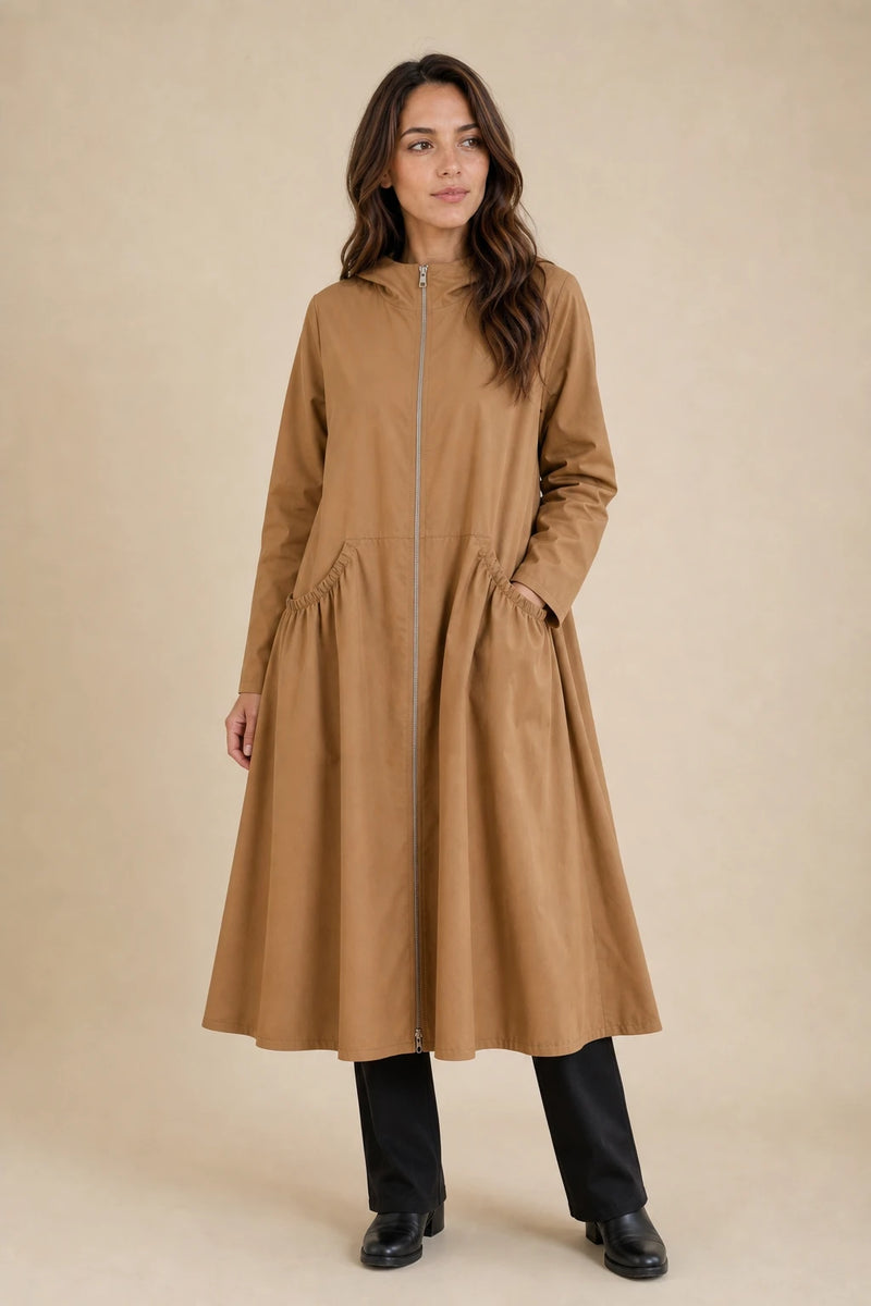 Gretchen | Hooded Zip-Up Coat in Caramel, studio front view