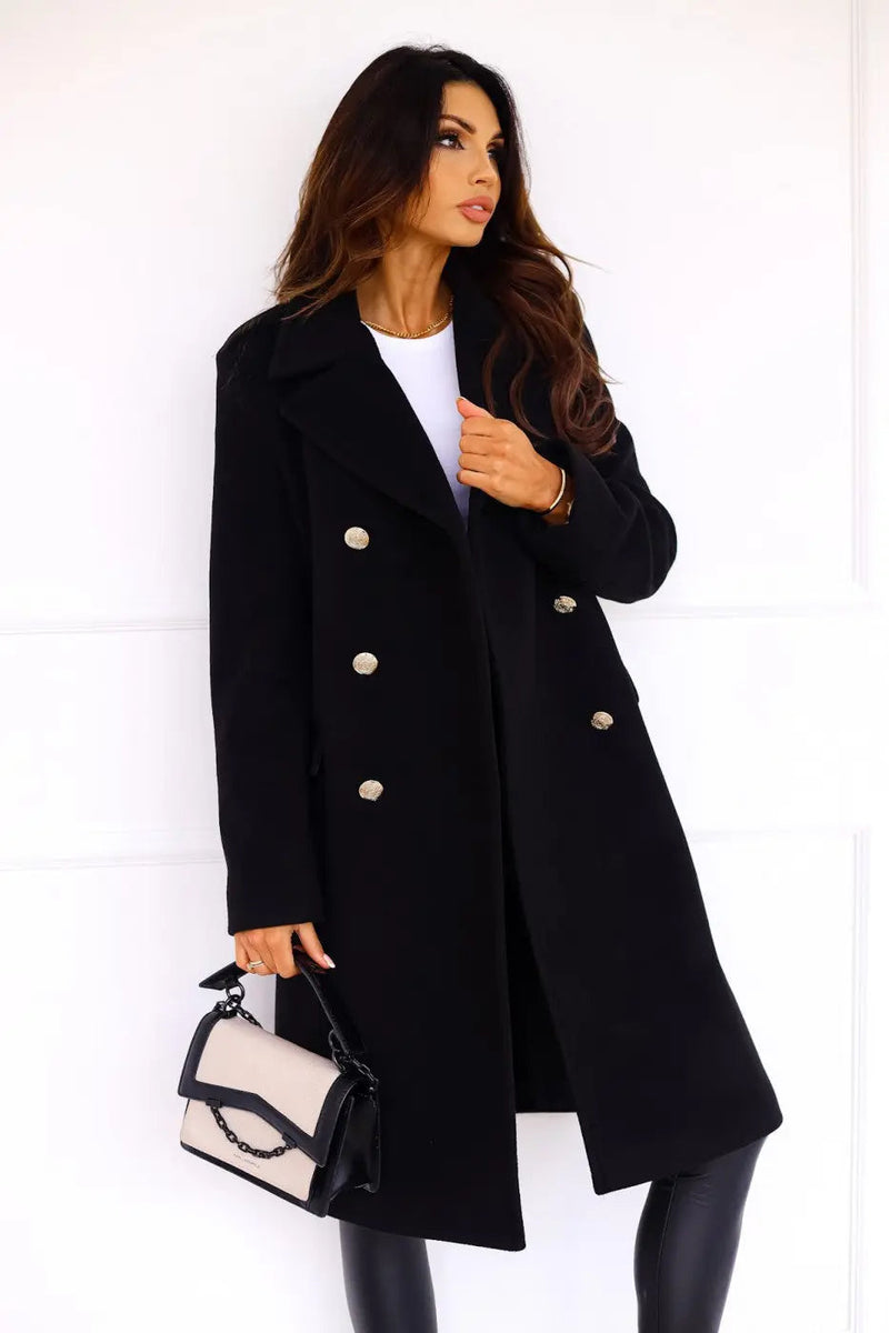 Double-Breasted Midi Coat for Women with Gold-Tone Buttons and Notch Lapels in Black, front view