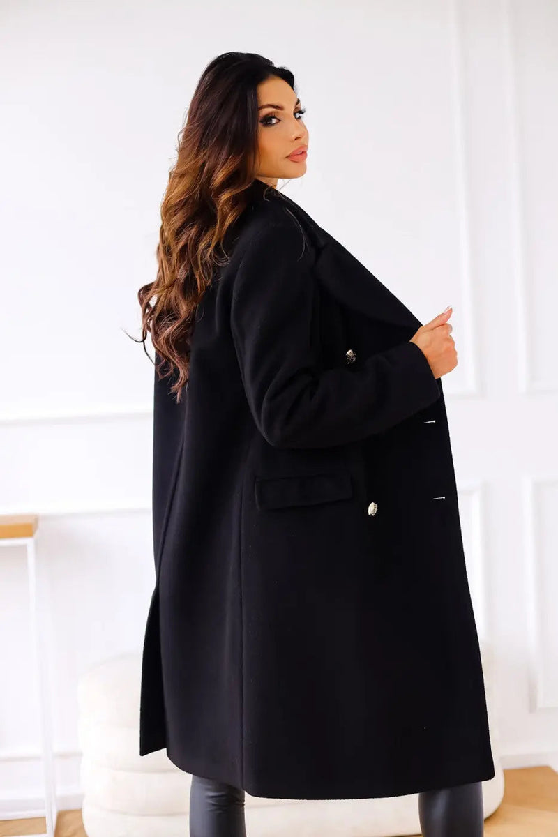 Double-Breasted Midi Coat for Women with Gold-Tone Buttons and Notch Lapels in Black, open side view