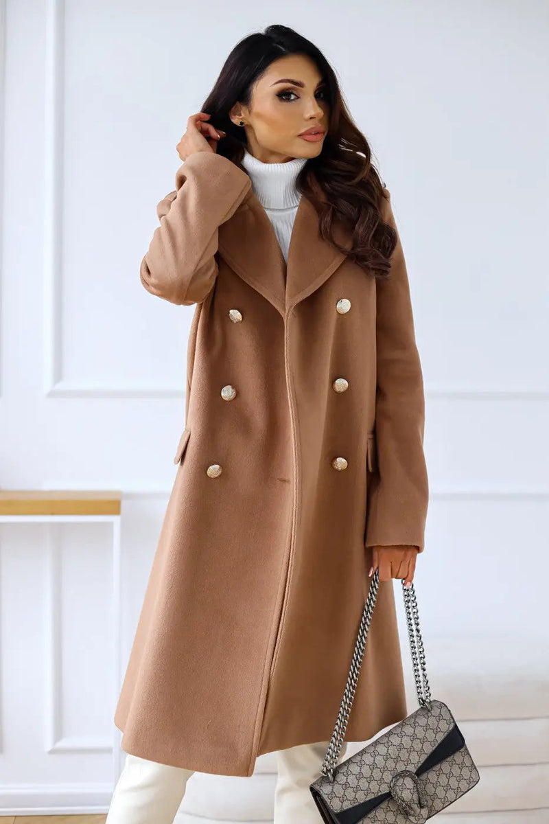 Double-Breasted Midi Coat for Women with Gold-Tone Buttons and Notch Lapels in Camel, front view