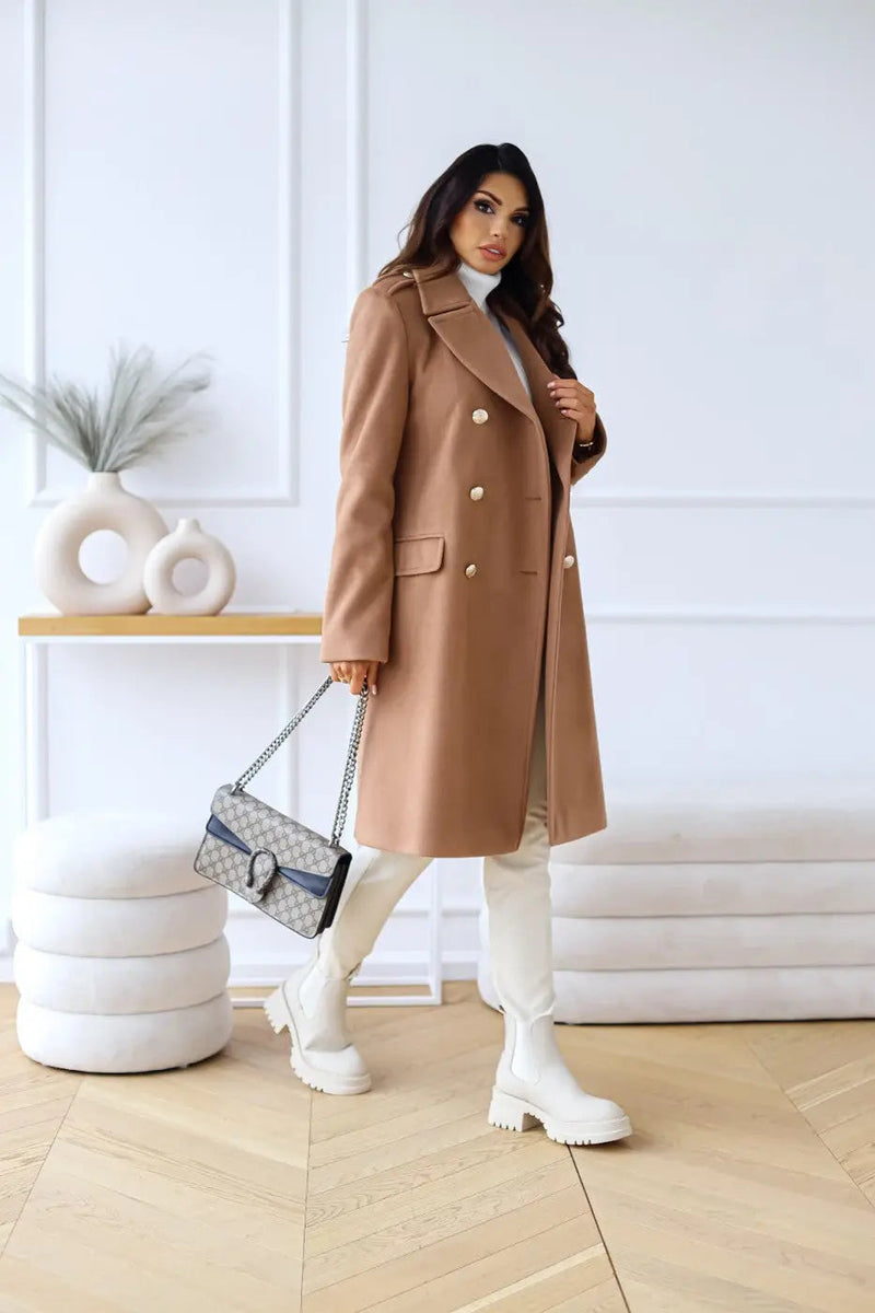 Double-Breasted Midi Coat for Women with Gold-Tone Buttons and Notch Lapels in Camel, side view