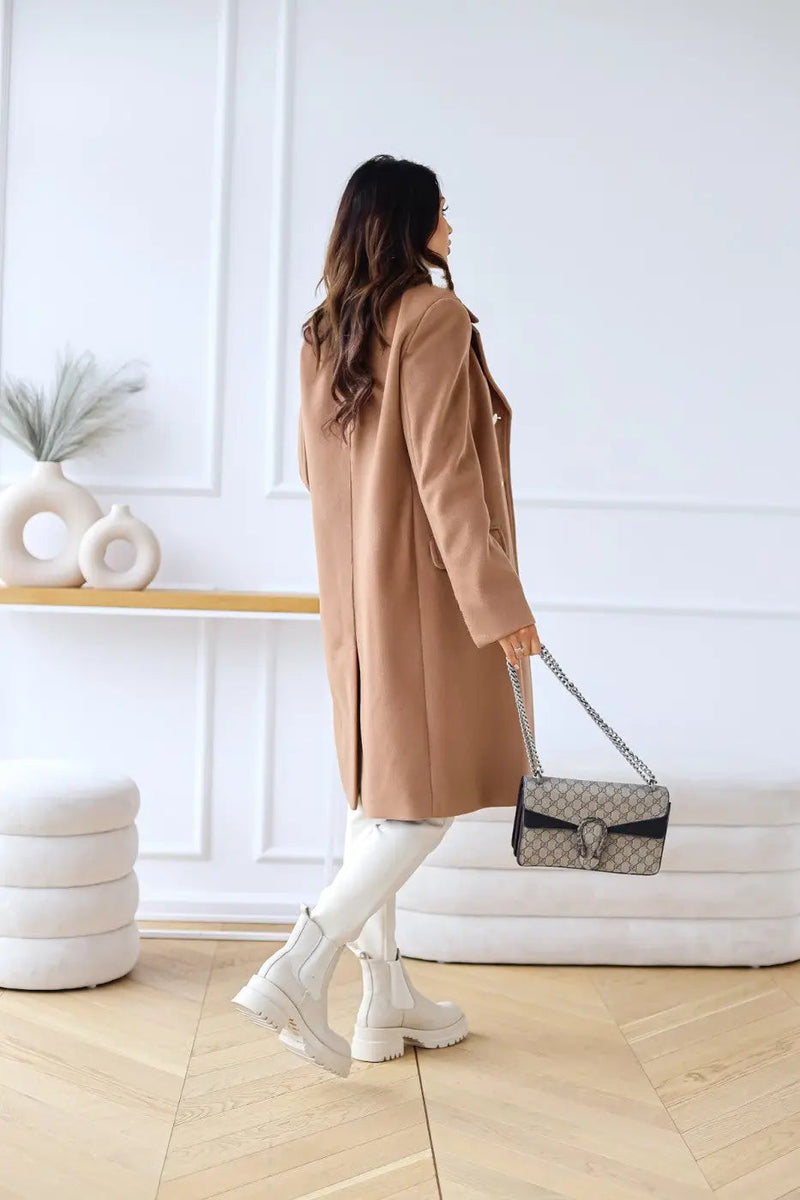Double-Breasted Midi Coat for Women with Gold-Tone Buttons and Notch Lapels in Camel, side view 2