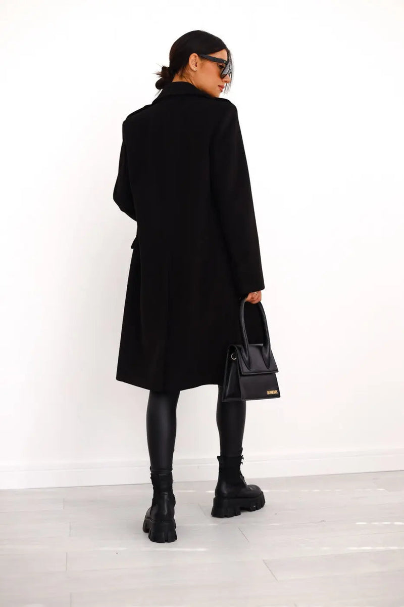 Double-Breasted Midi Coat for Women with Gold-Tone Buttons and Notch Lapels, street style view 2
