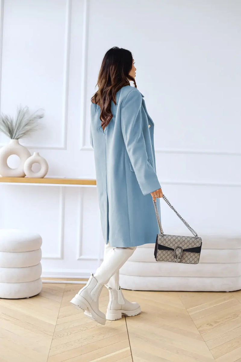 Double-Breasted Midi Coat for Women with Gold-Tone Buttons and Notch Lapels in Light Blue, back view