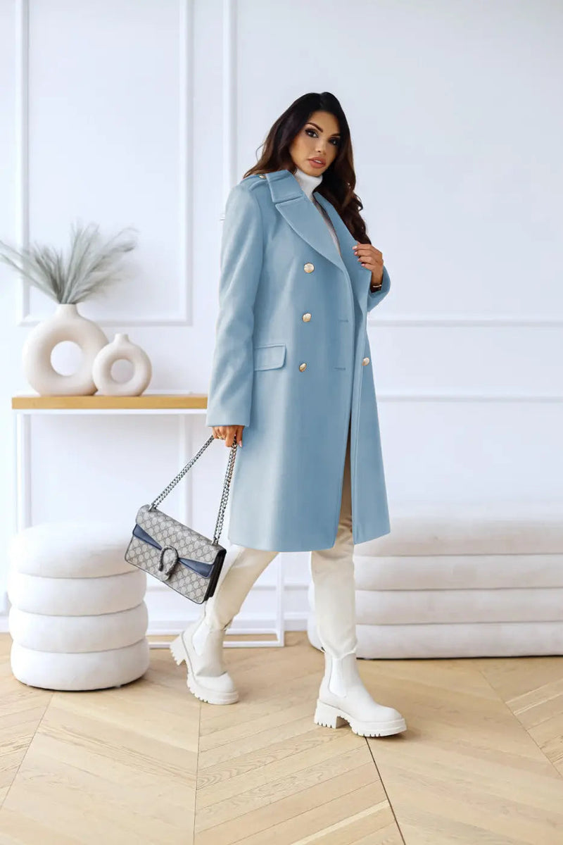 Double-Breasted Midi Coat for Women with Gold-Tone Buttons and Notch Lapels in Light Blue, side view
