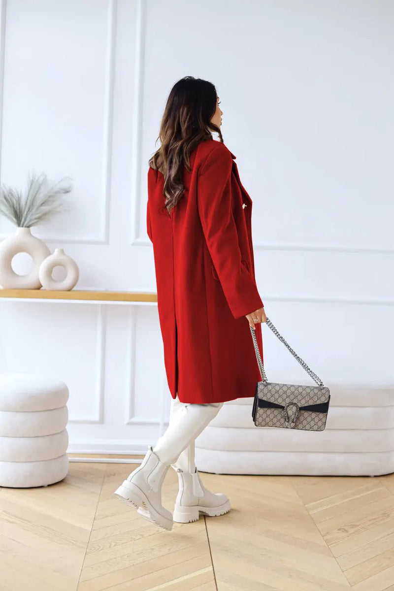 Double-Breasted Midi Coat for Women with Gold-Tone Buttons and Notch Lapels in Red, back view
