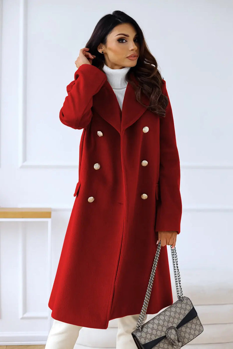 Double-Breasted Midi Coat for Women with Gold-Tone Buttons and Notch Lapels in Red, front view