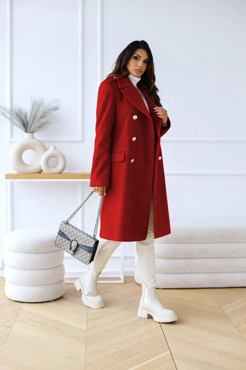 Double-Breasted Midi Coat for Women with Gold-Tone Buttons and Notch Lapels in Red, side view