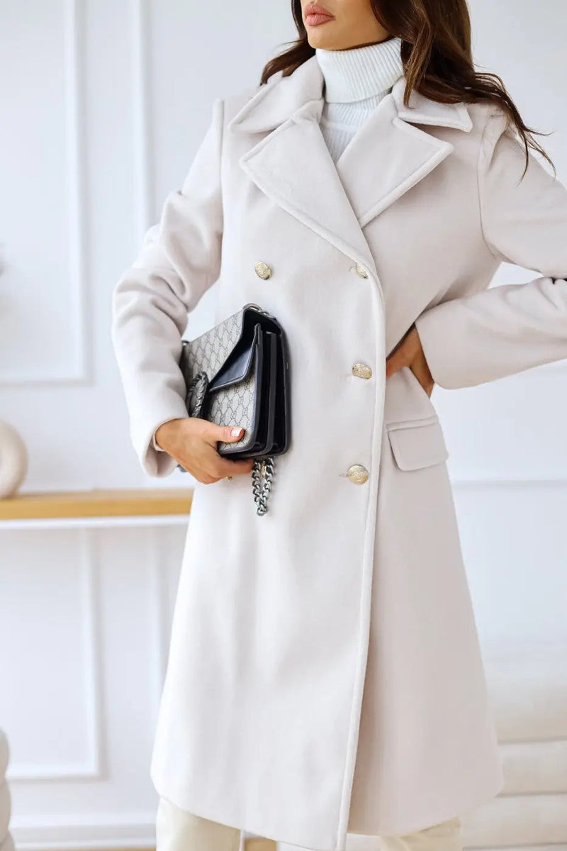 Double-Breasted Midi Coat for Women with Gold-Tone Buttons and Notch Lapels in White, front view