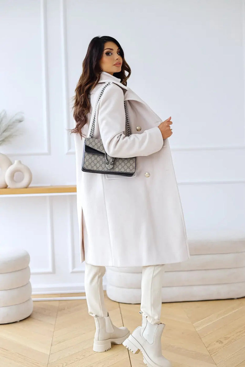 Double-Breasted Midi Coat for Women with Gold-Tone Buttons and Notch Lapels in White, side view