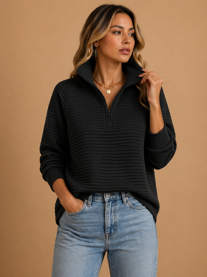 Ribbed Quarter Zip Sweater for Women with Funnel Collar and Drop Shoulders in Black, front view