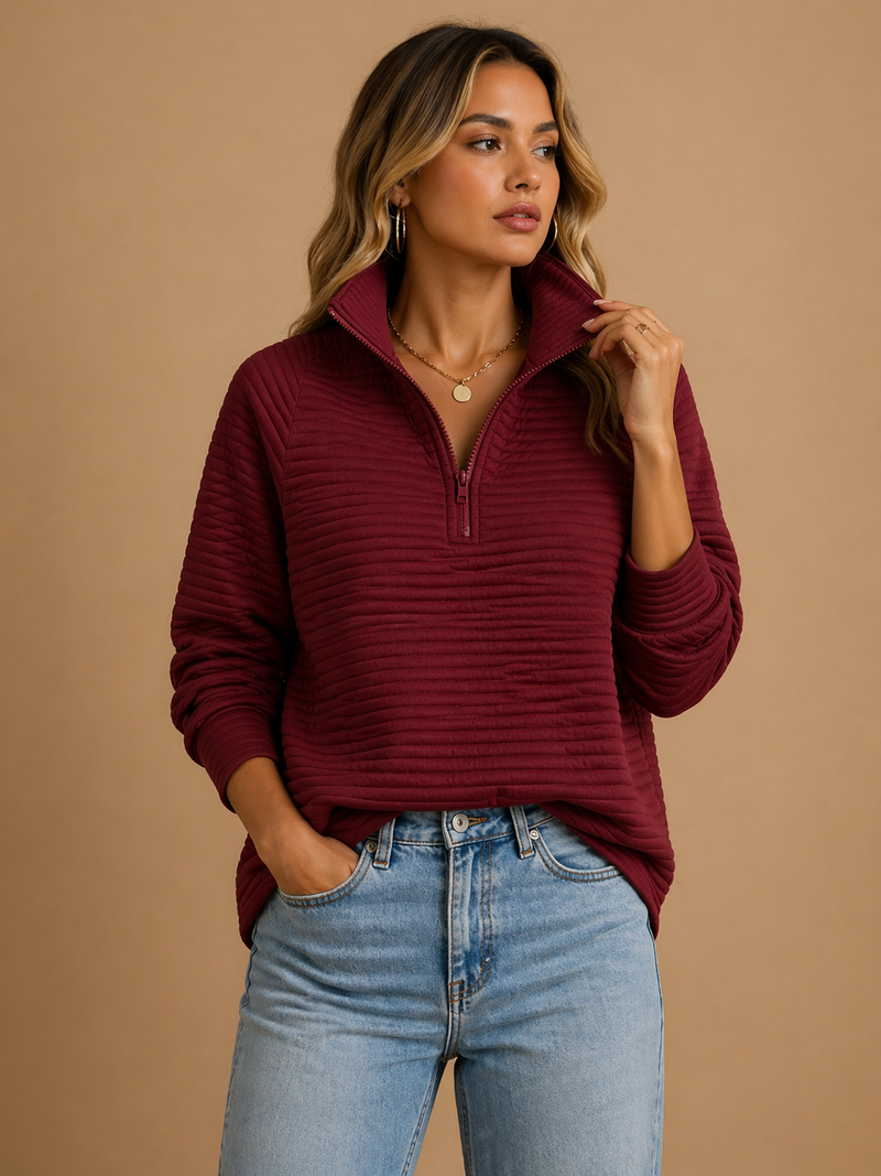 Ribbed Quarter Zip Sweater for Women with Funnel Collar and Drop Shoulders in Burgundy, front view