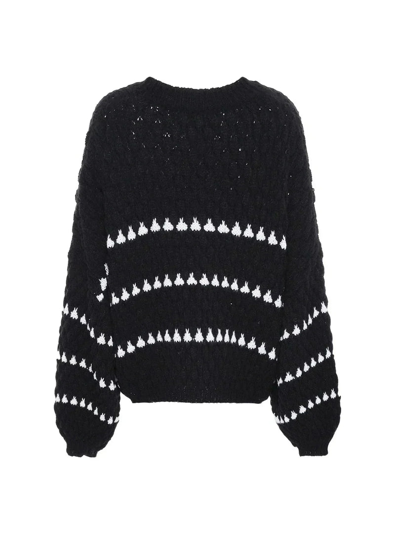 Chunky Knit Sweater for Women with Heart Pattern and Balloon Sleeves in Black, flat lay