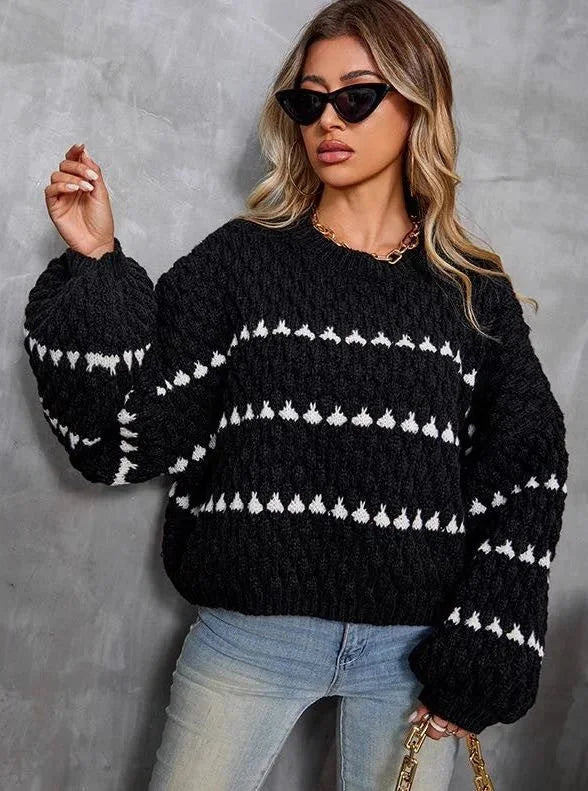 Chunky Knit Sweater for Women with Heart Pattern and Balloon Sleeves in Black, front view