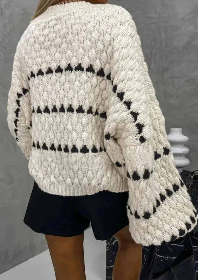 Chunky Knit Sweater for Women with Heart Pattern and Balloon Sleeves in Cream, back view