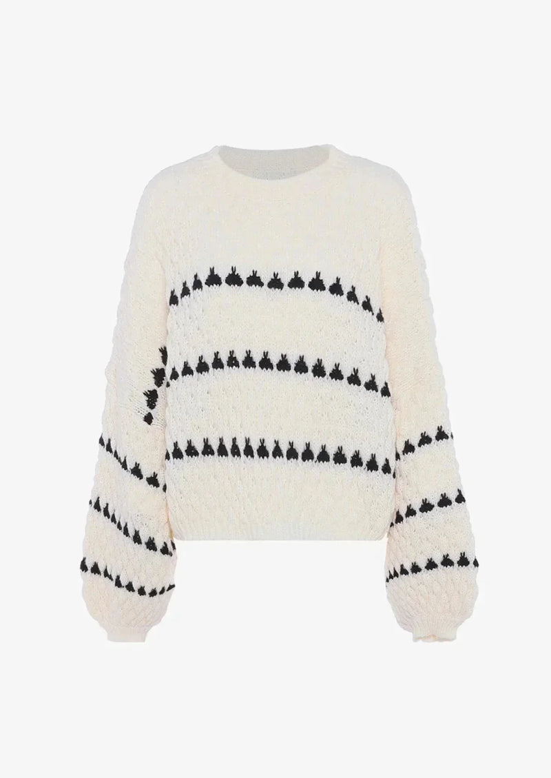 Chunky Knit Sweater for Women with Heart Pattern and Balloon Sleeves in Cream, flat lay