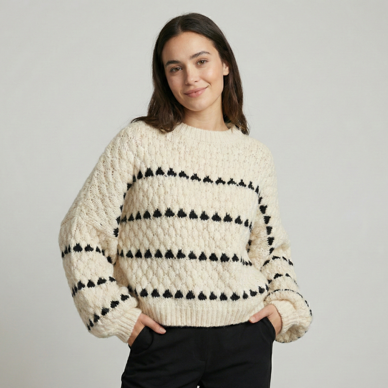 Chunky Knit Sweater for Women with Heart Pattern and Balloon Sleeves in Cream, front view