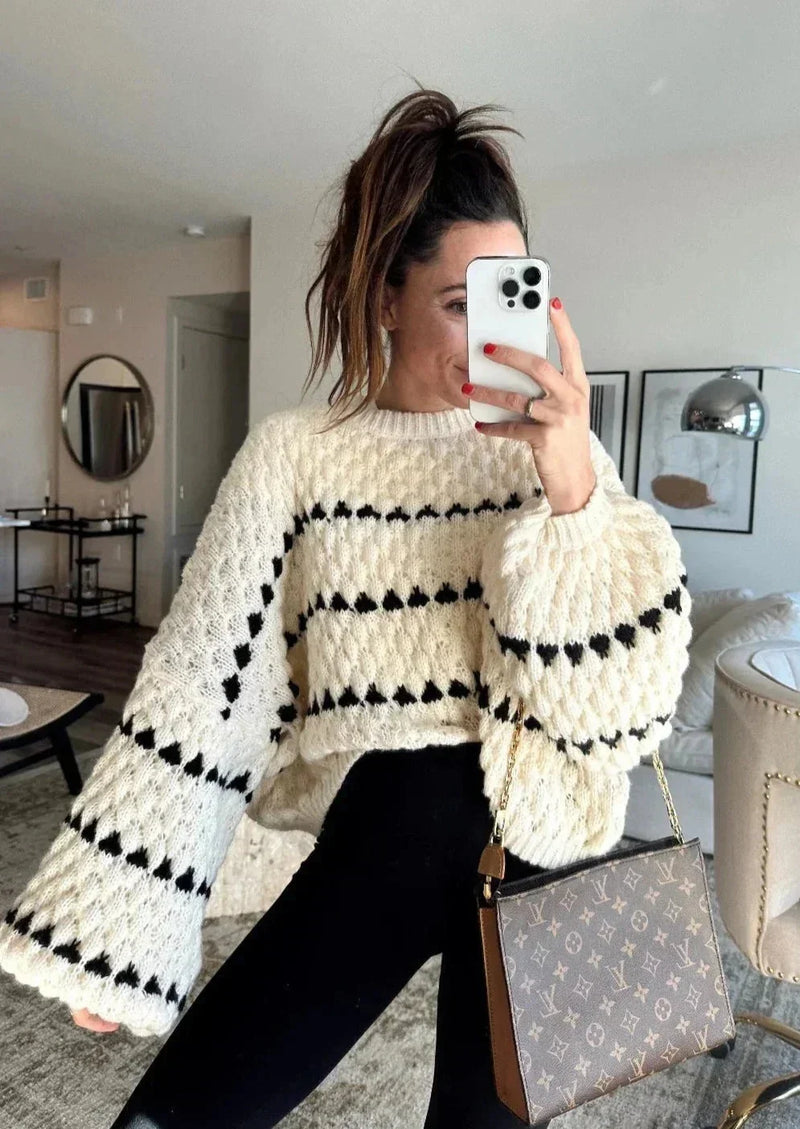 Chunky Knit Sweater for Women with Heart Pattern and Balloon Sleeves in Cream, mirror selfie view