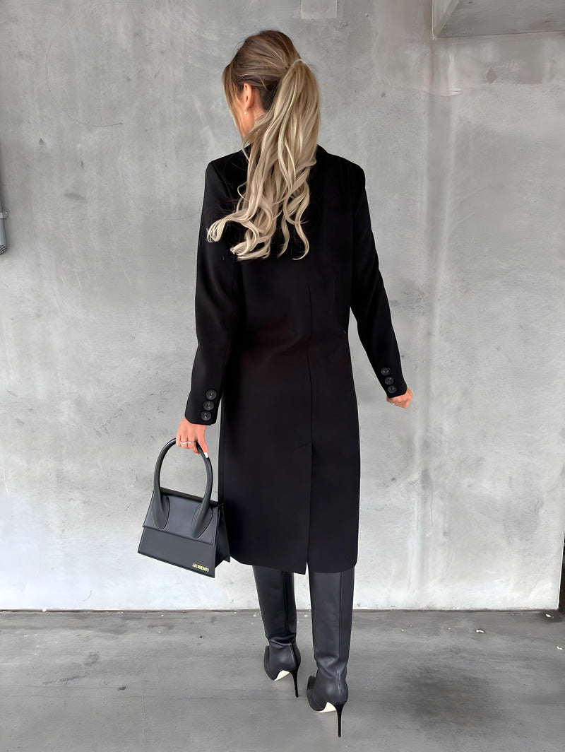 Tailored Long Coat for Women with Double-Breasted Front and Flap Pockets in Black, back view