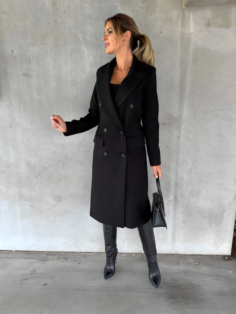 Tailored Long Coat for Women with Double-Breasted Front and Flap Pockets in Black, front view