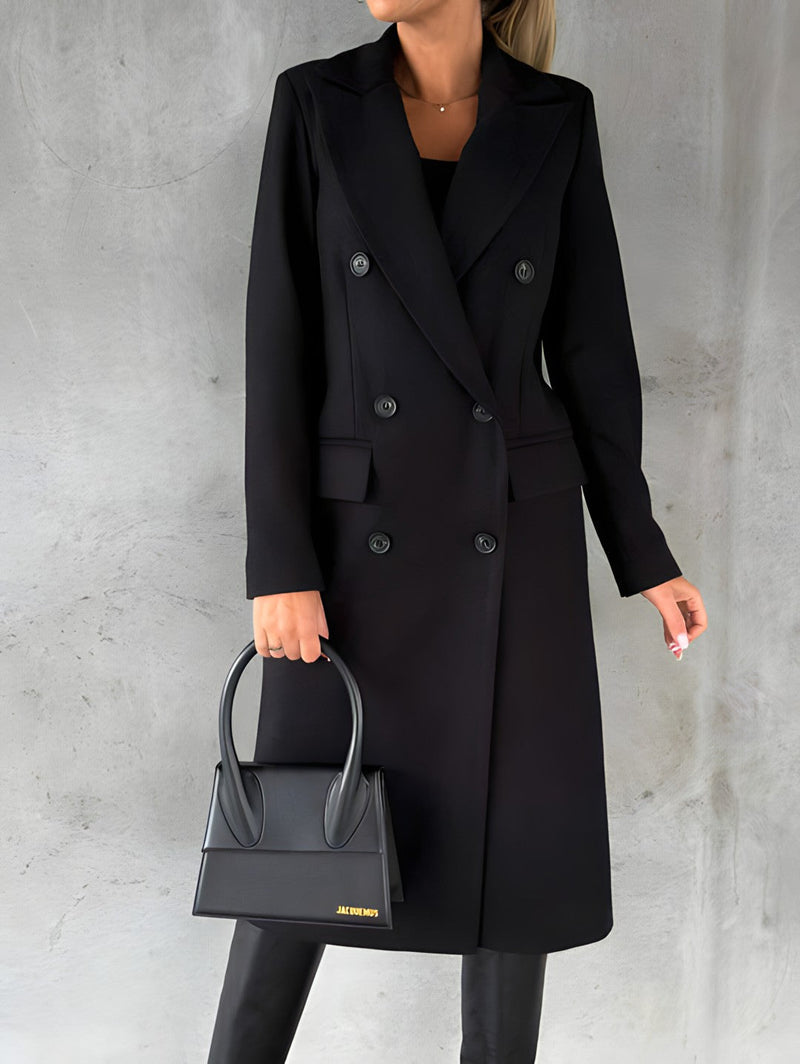 Tailored Long Coat for Women with Double-Breasted Front and Flap Pockets in Black, styled front view