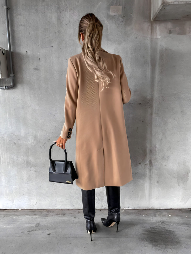 Tailored Long Coat for Women with Double-Breasted Front and Flap Pockets in Camel, back view