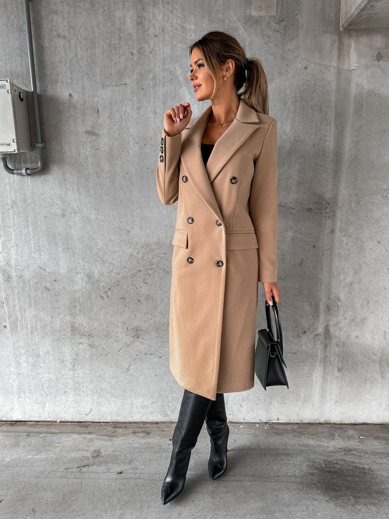 Tailored Long Coat for Women with Double-Breasted Front and Flap Pockets in Camel, front view 3