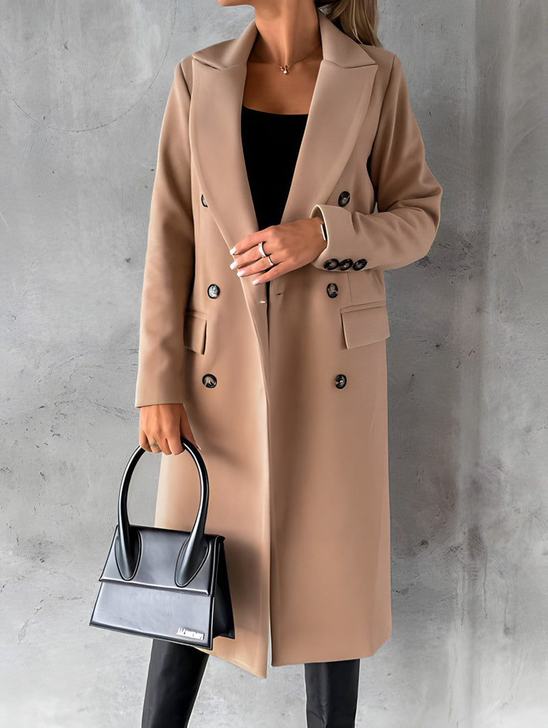 Tailored Long Coat for Women with Double-Breasted Front and Flap Pockets in Camel, styled front view