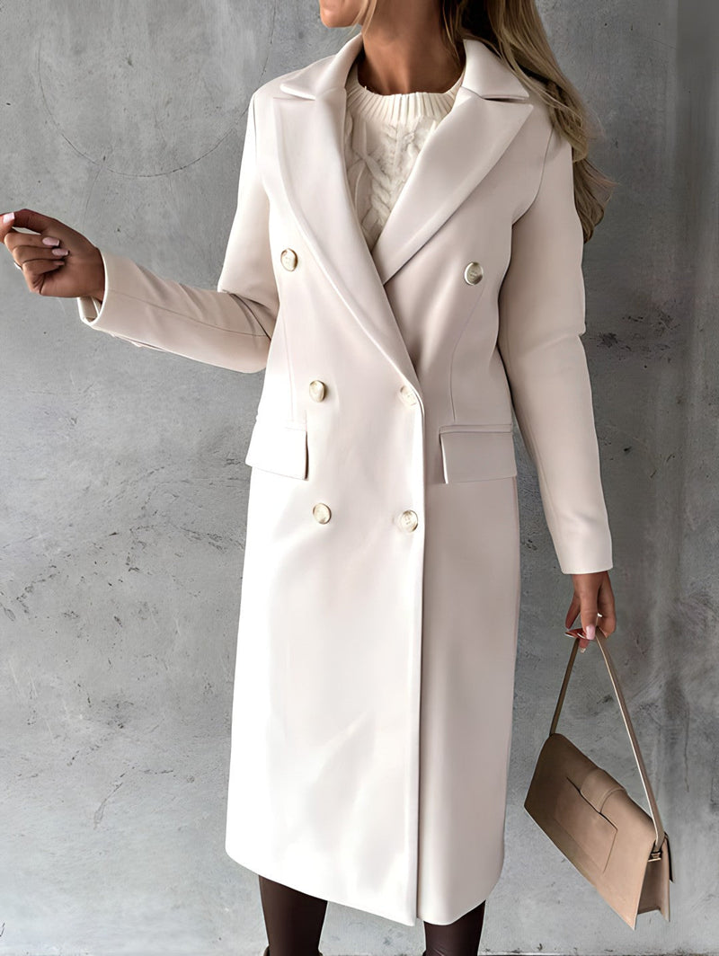 Tailored Long Coat for Women with Double-Breasted Front and Flap Pockets in Cream, front view