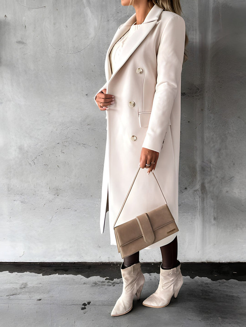 Tailored Long Coat for Women with Double-Breasted Front and Flap Pockets in Cream, side view