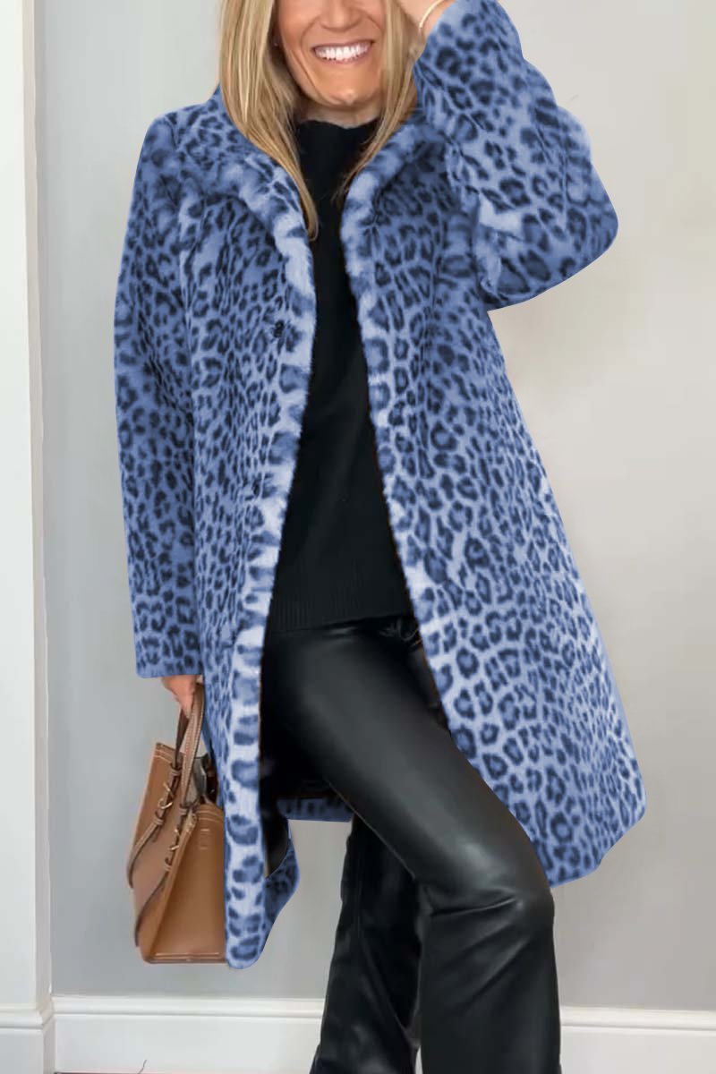 Leopard Print Faux Fur Coat for Women with Wide Collar and Button Front in Blue, front view