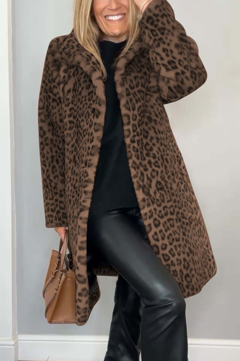 Leopard Print Faux Fur Coat for Women with Wide Collar and Button Front in Brown, front view