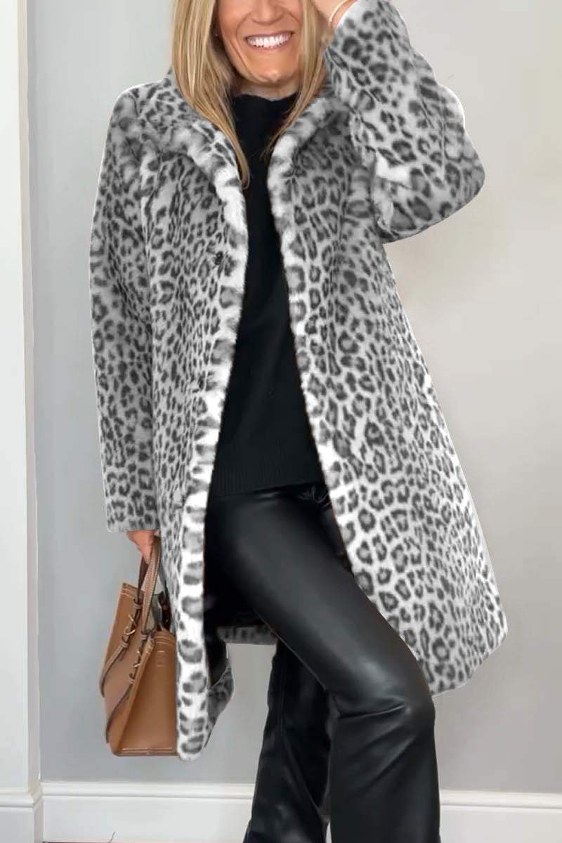 Leopard Print Faux Fur Coat for Women with Wide Collar and Button Front in Gray, front view