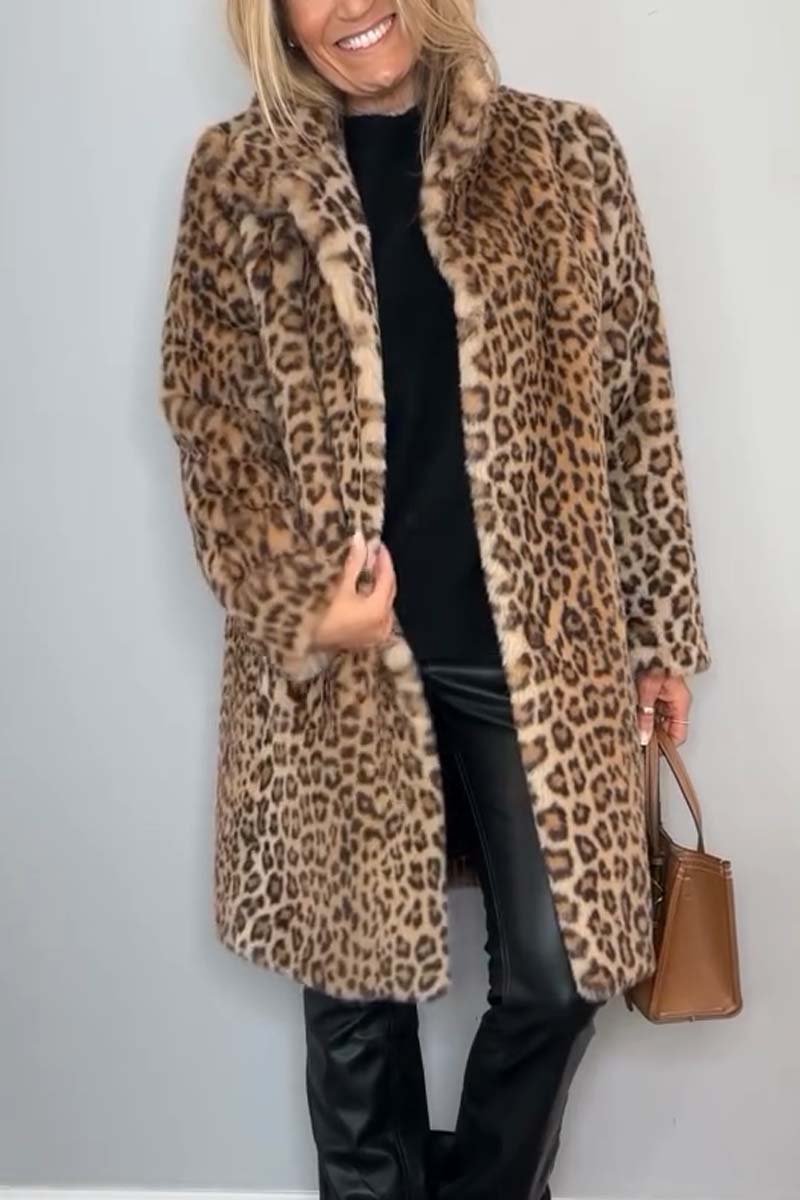 Leopard Print Faux Fur Coat for Women with Wide Collar and Button Front in Khaki, front view 2