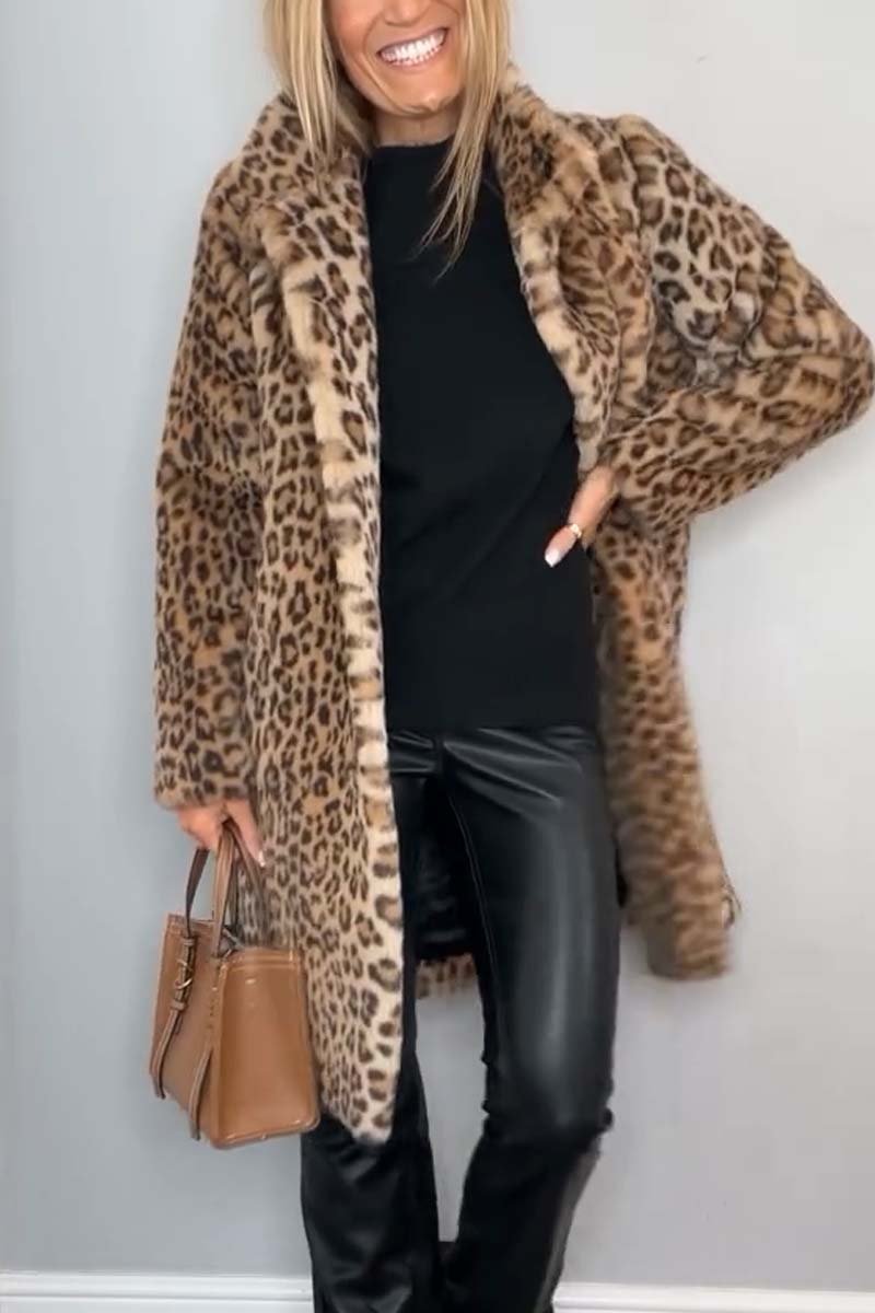 Leopard Print Faux Fur Coat for Women with Wide Collar and Button Front in Khaki, side view