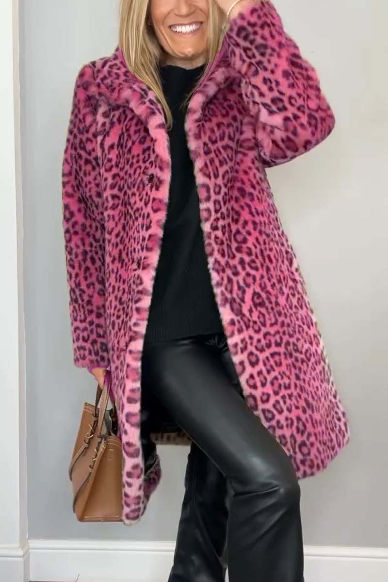 Leopard Print Faux Fur Coat for Women with Wide Collar and Button Front in Pink, front view