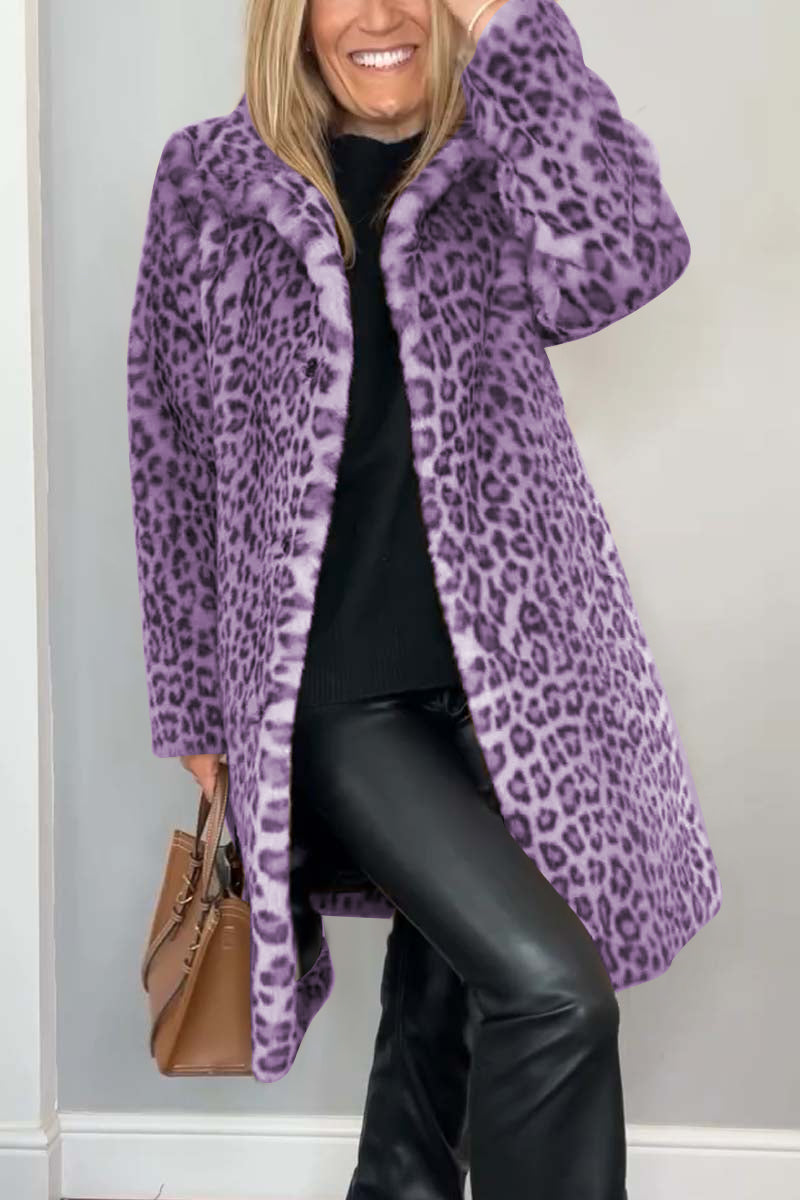 Leopard Print Faux Fur Coat for Women with Wide Collar and Button Front in Purple, front view