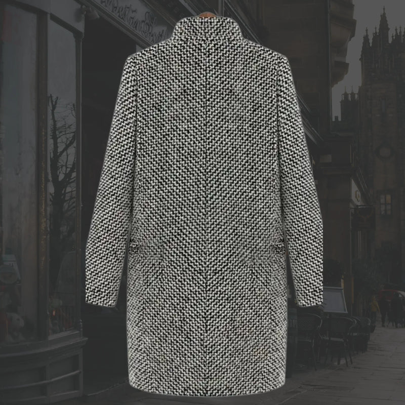 Longline Tweed Coat for Women with Notch Lapel and Quilted Lining in Gray, back view