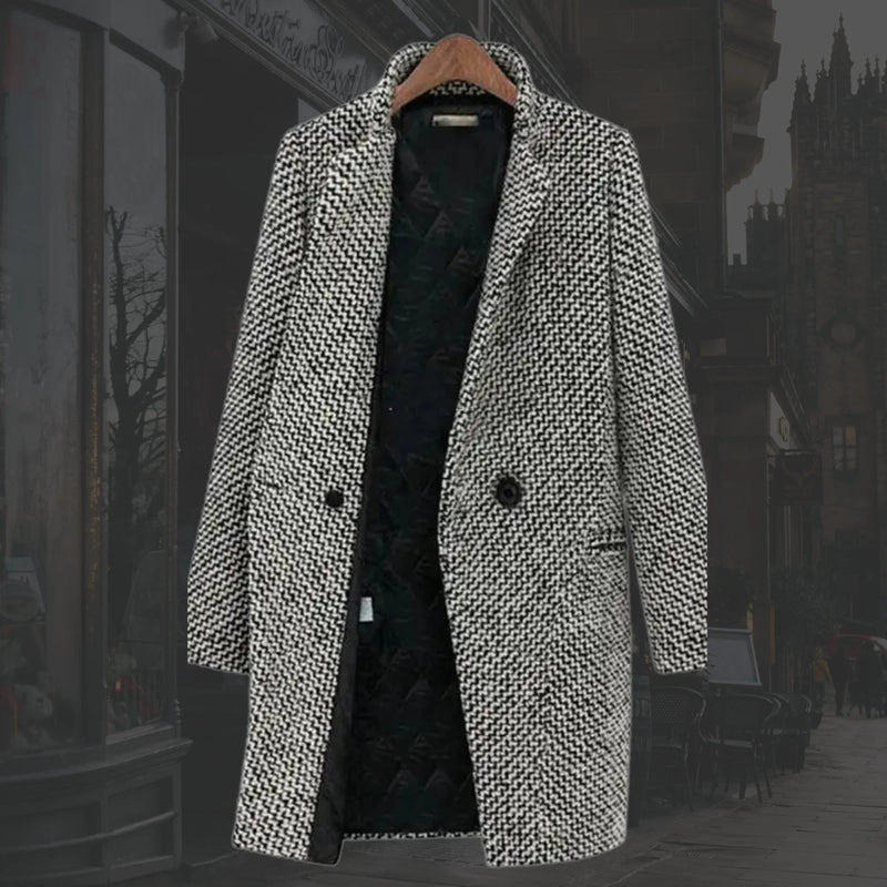 Longline Tweed Coat for Women with Notch Lapel and Quilted Lining in Gray, open front view