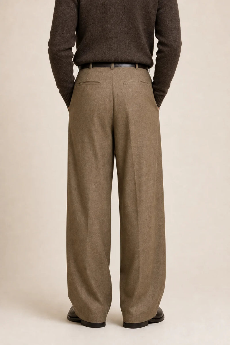 Sofaine Carter pleated high-waisted dress pants in Taupe, worn back