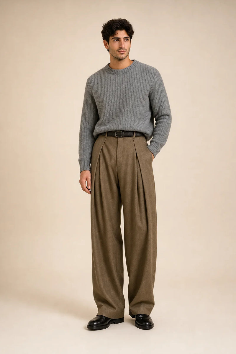 Sofaine Carter pleated high-waisted dress pants in Taupe, styled full look